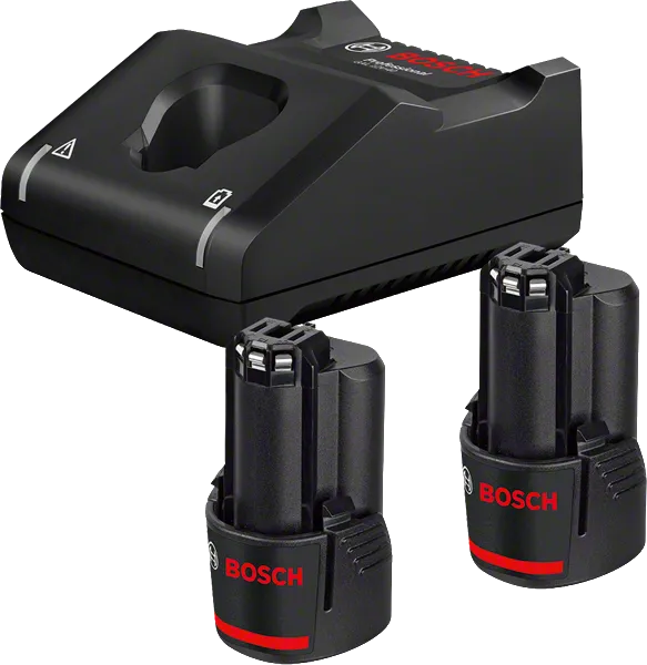 Nabíjačka batérií Bosch 12V s dvoma batériami s kapacitou 2,0 Ah.