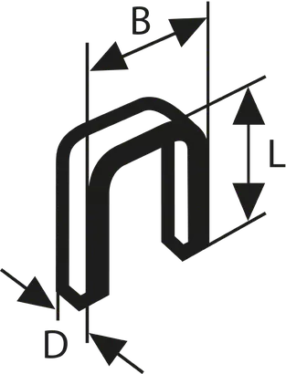 Sponky Bosch PTA 6301, tvar U s vyznačenými rozmermi.