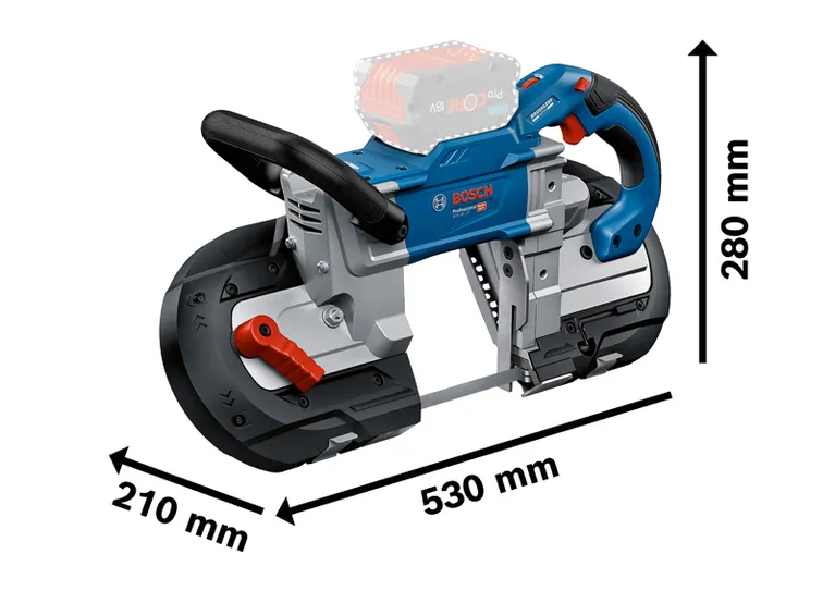 Akumulátorová pásová píla Bosch GCB 18V-127 s rozmermi.
