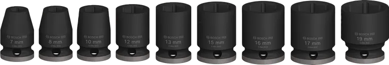 Sada rázových nástrčných kľúčov Bosch PRO Impact 3/8 palca, 9 kusov, rôzne veľkosti.