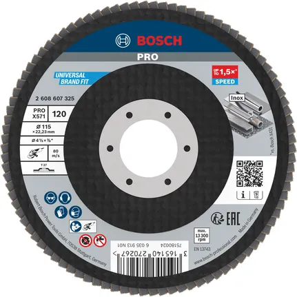 Lamelový kotúč Bosch PRO X571 115 mm G120 na brúsenie kovu.
