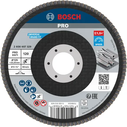 Lamelový kotúč Bosch PRO X571 125 mm G120 na brúsenie kovov.