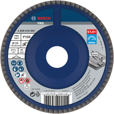 Lamelový kotúč Bosch PRO X571 115 mm G120 na rýchle brúsenie kovu.