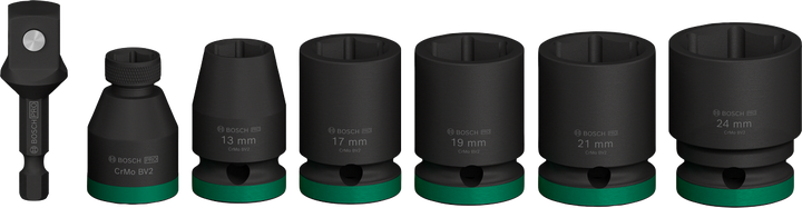 Sada rázových nástrčných kľúčov Bosch PRO s adaptérom 1/2 palca, 7-dielna.