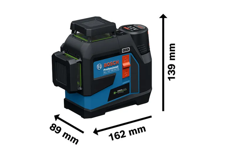 Laserový nivelačný prístroj Bosch GLL 12V-100-33 CG s rozmermi.