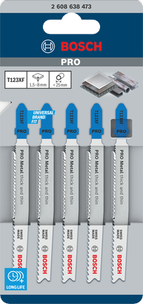Balenie 5 ks pílových listov do priamočiarej píly Bosch PRO Metal hrubé a tenké T123XF.