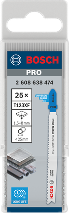 Balenie 25 pílových listov do priamočiarej píly Bosch PRO Metal Thick and Thin T123XF.