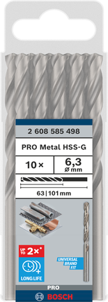 Sada špirálových vrtákov Bosch PRO Metal HSS-G 6,3 mm, 10 kusov.