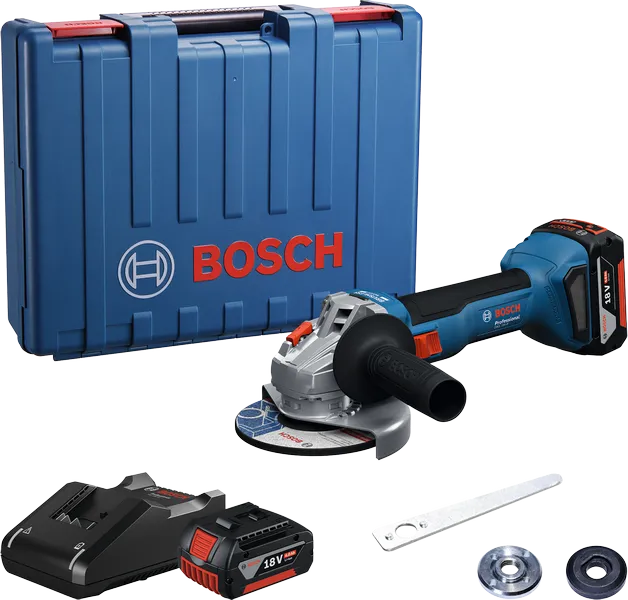 Sada uhlovej brúsky Bosch GWS 18V-8 s kufríkom a batériou.