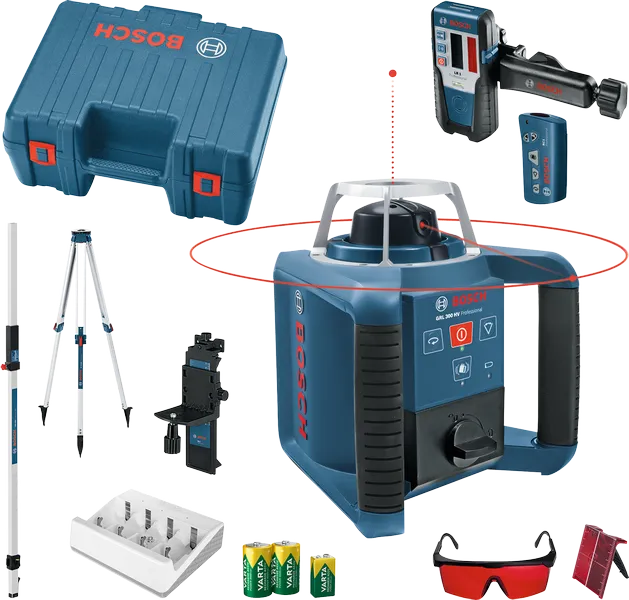 Laserový nivelačný prístroj Bosch GRL 300 HV so statívom a príslušenstvom.