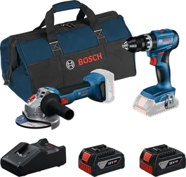 Kombinovaná súprava Bosch 18V s vŕtačkou, uhlovou brúskou, nabíjačkou, batériami a taškou.
