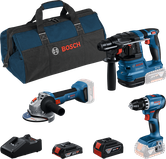 Kombinovaná súprava Bosch 18V s vŕtačkou, vŕtacím kladivom, brúskou, batériami, nabíjačkou a taškou.