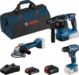 Kombinovaná súprava Bosch 18V s vŕtačkou, vŕtacím kladivom, brúskou, batériami, nabíjačkou a taškou.