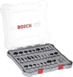 Zmiešaná sada frézovacích bitov Bosch PRO s 8 mm stopkou v puzdre.