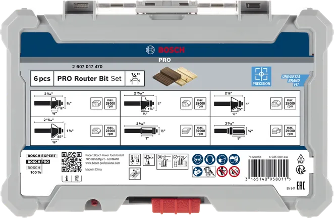 Sada fréz na zarovnávanie a orezávanie hrán Bosch PRO s upínaním 1/4″, 6-dielna.