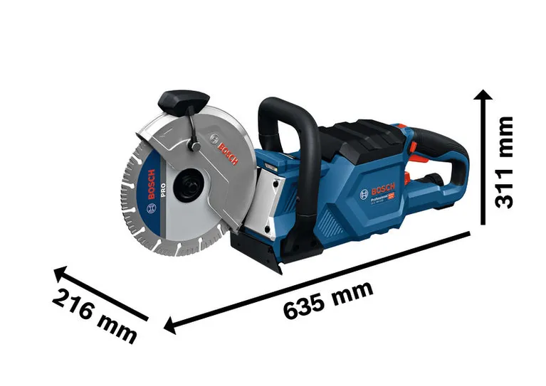 Akumulátorový rezací a brúsny nástroj Bosch GCS 18V-230 s rozmermi.