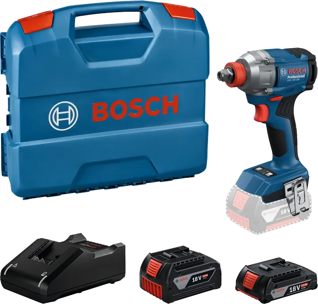 Sada rázových uťahovákov Bosch GDX 18V-285 s puzdrom a batériami.