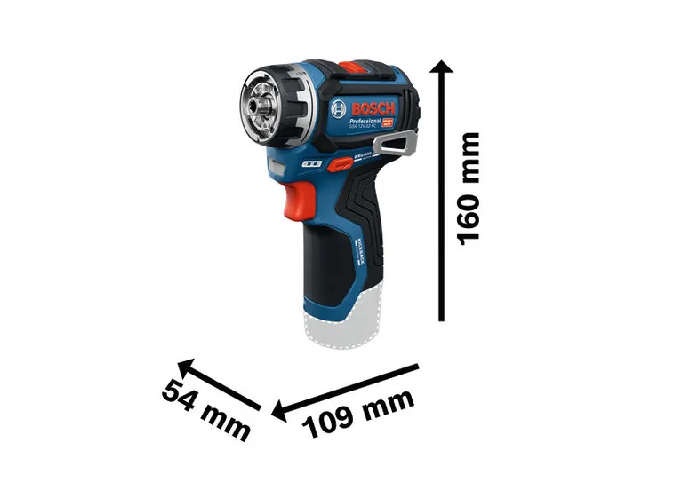 Akumulátorový vŕtací skrutkovač Bosch GSR 12V-35 FC s rozmermi.