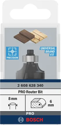 Zaoblenie frézy Bosch PRO nad 6 mm s upínacou stopkou R 8 mm.
