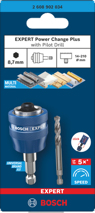 Upínací tŕň Bosch EXPERT Power Change Plus s pilotným vrtákom na použitie vo viacerých materiáloch.
