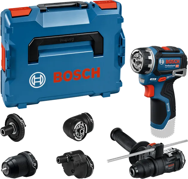 Sada akumulátorových vŕtačiek Bosch GSR 12V-32 FC s nadstavcami.