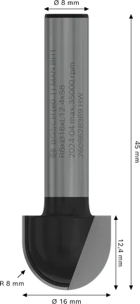 Frézovací bit Bosch PRO Core Box R s upínacou stopkou 8 mm a zaoblenou špičkou.