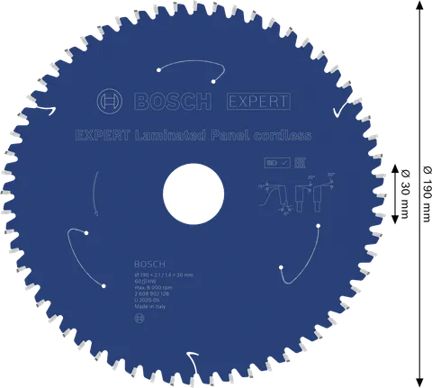 Akumulátorový kotúčový pílový list Bosch EXPERT na laminované panely s priemerom 190 mm.