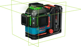 Laserový nivelačný prístroj Bosch EXLL18V-120-33CG so zelenými čiarami.