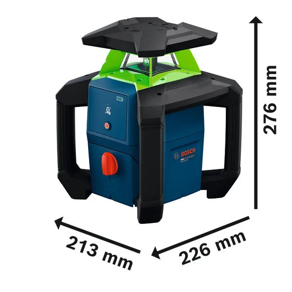 Laserový nivelačný prístroj Bosch GRL18V-3-31G s zobrazenými rozmermi.