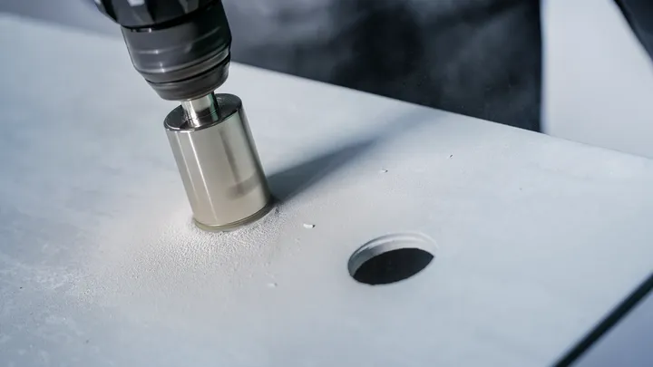 Dierová píla vŕta kruhový otvor do plochého bieleho povrchu.