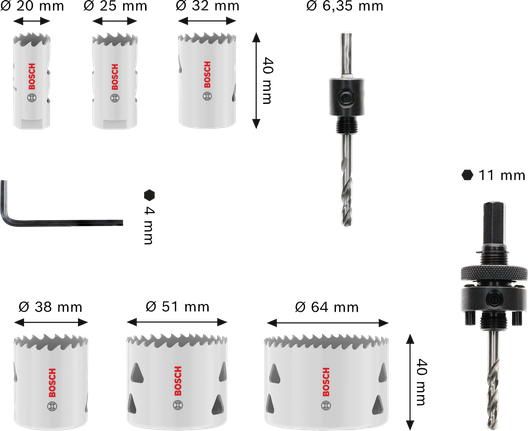 Sada závitových dierových píl Bosch Multi Material, 20 – 64 mm.