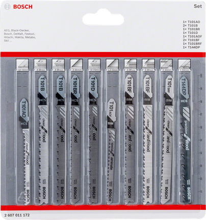 Bosch 10-piece T-Shank jigsaw blade set.