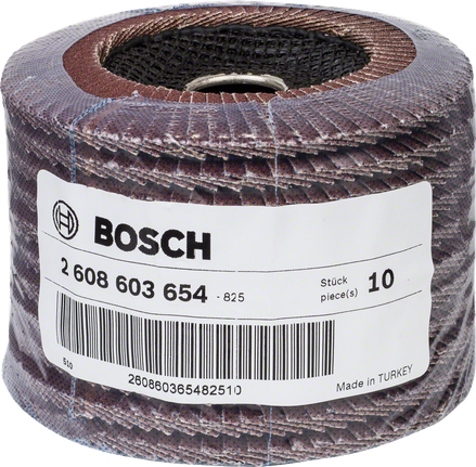 Bosch flap wheel 2608603654 for metal surface grinding.