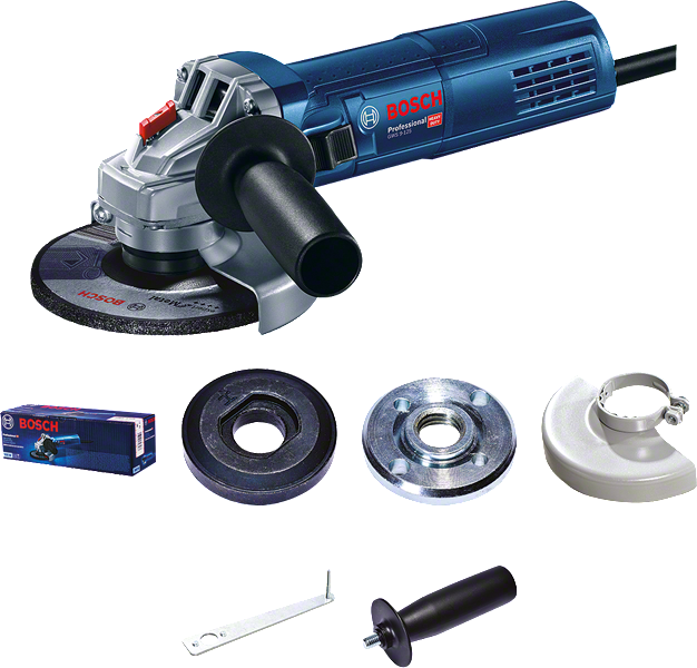 Bosch GWS9-125 angle grinder with accessories.
