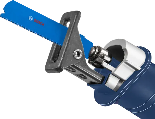 Reciprocating saw attachment with a blue blade mounted on a power tool.