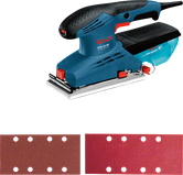 Bosch GSS 23 AE orbital sander with sanding sheets.