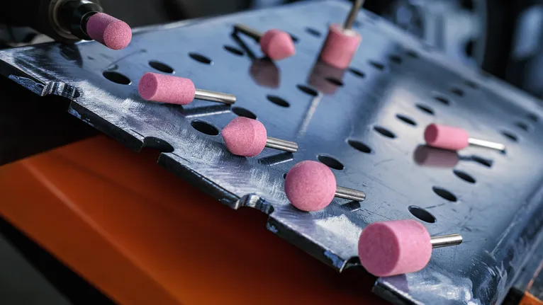 Pink grinding stones scattered on a perforated metal sheet in a workshop setting.