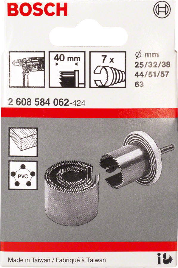 Coffret de 7 fraises à trous Bosch 25–67 mm.