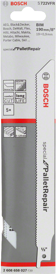 Lame de scie alternative bimétallique Bosch S 722 VFR pour la réparation de palettes.