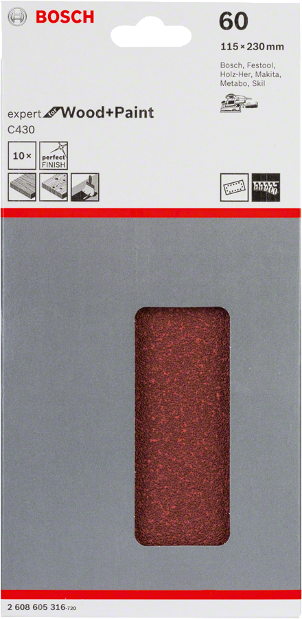 Lot de 10 feuilles abrasives Bosch C430 115 × 230 mm.