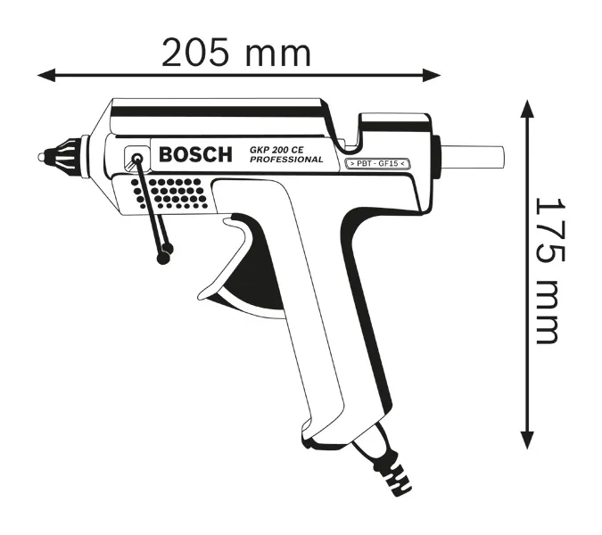 Dimensions du pistolet à colle.
