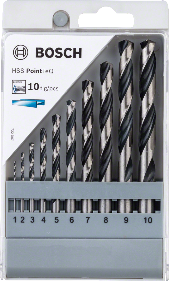 Jeu de 10 forets hélicoïdaux Bosch HSS PointTeQ de 1 à 10 mm.