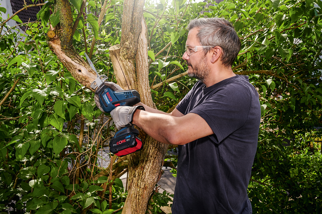 Une personne portant un équipement de sécurité taille une branche d'arbre avec une scie sans fil.