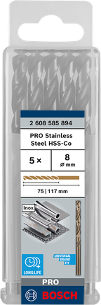 Lot de 5 forets Bosch PRO en acier inoxydable de 8 mm.