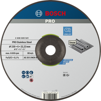 Disque de meulage en acier inoxydable Bosch PRO, longue durée de vie.