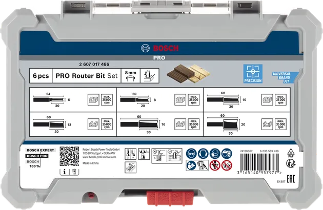 Jeu de fraises à défoncer Bosch PRO droites 8 mm 6 pièces.