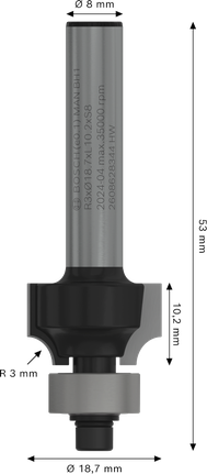 Fraise à défoncer Bosch PRO à arrondir sur tige R 3 8 mm.