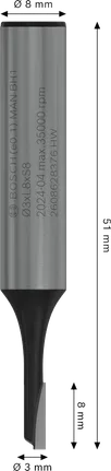 Fraise droite Bosch PRO 3 mm, une flûte, tige 8 mm.