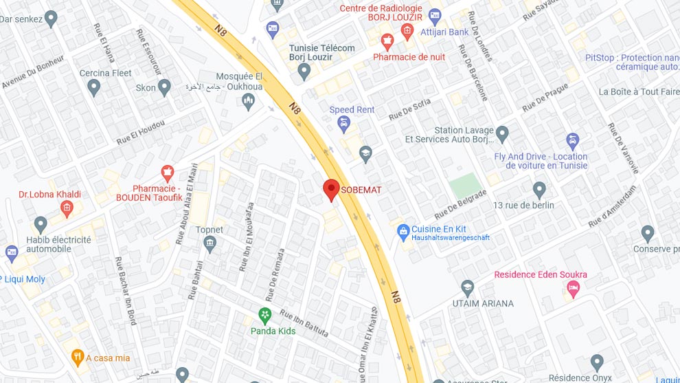 A map showing streets, businesses, and a highlighted location marked as SOBEMAT.