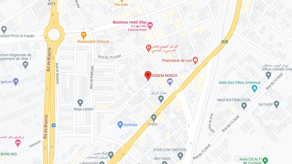 Map showing Bosch location, surrounding streets, and nearby establishments.